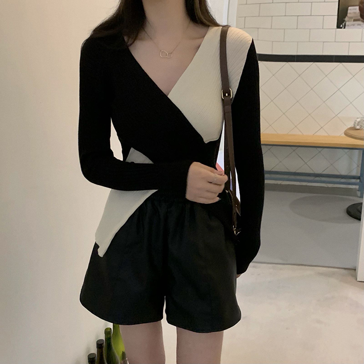 レディース ニット セーター カジュアル Vネック ストレッチ プルオーバー コーデ 色差し 長袖 着痩せ 春秋 シンプル トップス 