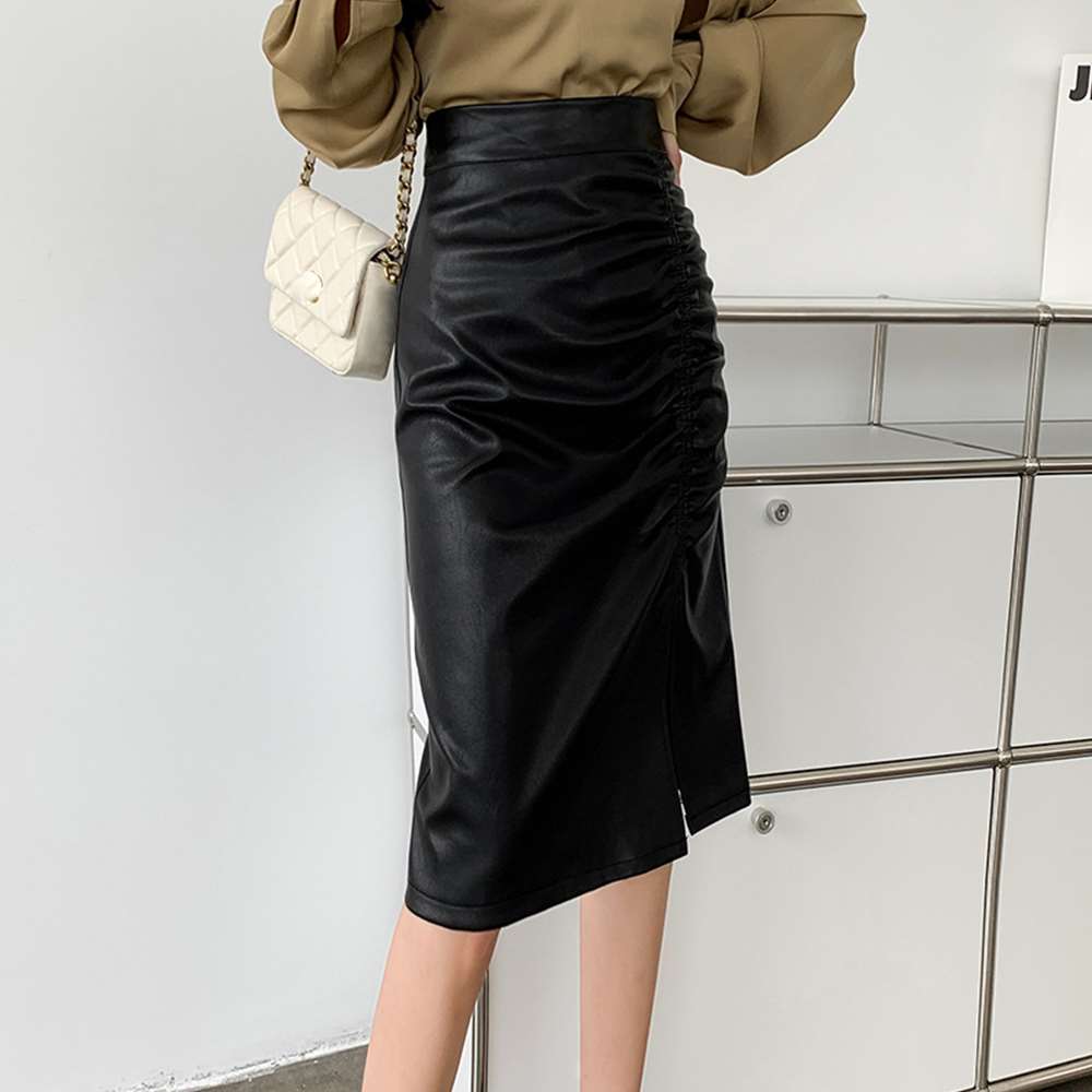 フェイクレザー タイト スカート スリット  