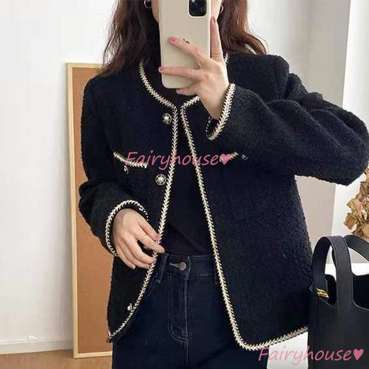 ツイードジャケット レディース 40代 長袖ノーカラージャケット 黒ショット丈ツイードコート 春コートアウター 卒業式30代 秋服 50代 大人韓国風 通勤OL 入学式 