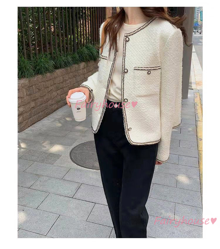 ツイードジャケット レディース 40代 長袖ノーカラージャケット 黒ショット丈ツイードコート 春コートアウター 卒業式30代 秋服 50代 大人韓国風 通勤OL 入学式 