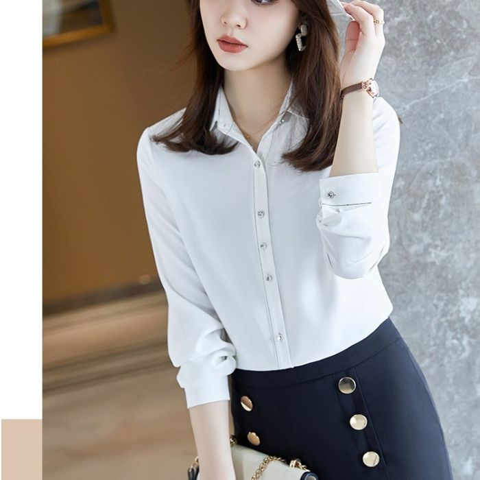 レディース シャツ オフィスシャツ 2色選び トップス Vネック カジュアル風 秋冬 きれいめ ブラウス 長袖 オシャレ 着痩 