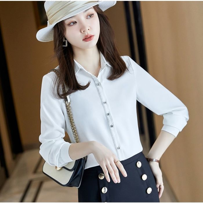 レディース シャツ オフィスシャツ 2色選び トップス Vネック カジュアル風 秋冬 きれいめ ブラウス 長袖 オシャレ 着痩 