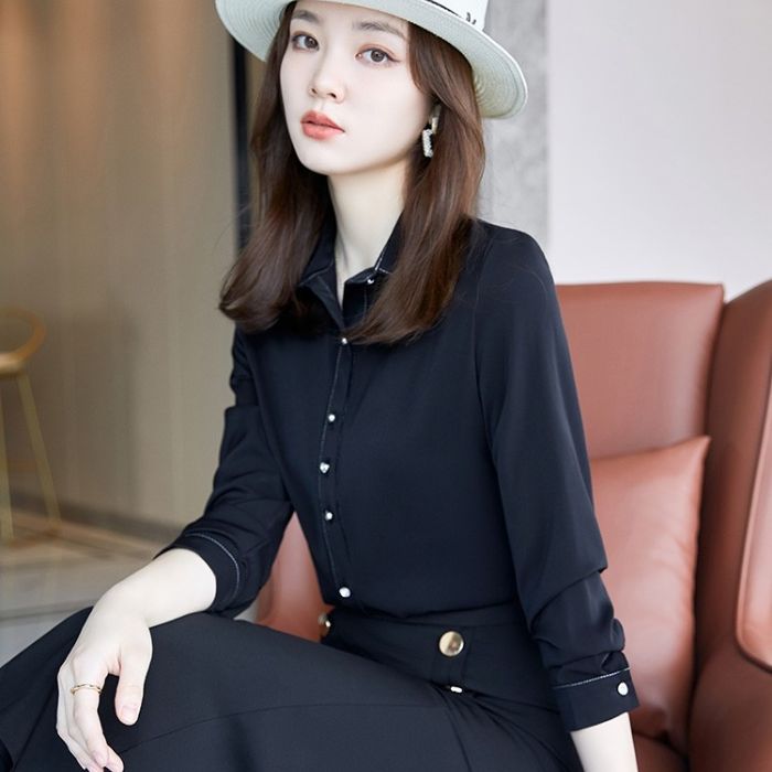 レディース シャツ オフィスシャツ 2色選び トップス Vネック カジュアル風 秋冬 きれいめ ブラウス 長袖 オシャレ 着痩 