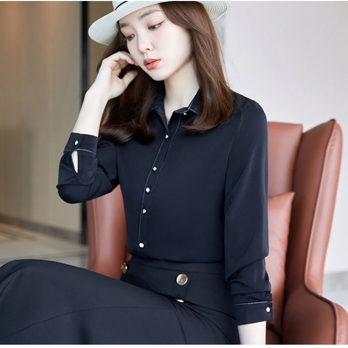 レディース シャツ オフィスシャツ 2色選び トップス Vネック カジュアル風 秋冬 きれいめ ブラウス 長袖 オシャレ 着痩 