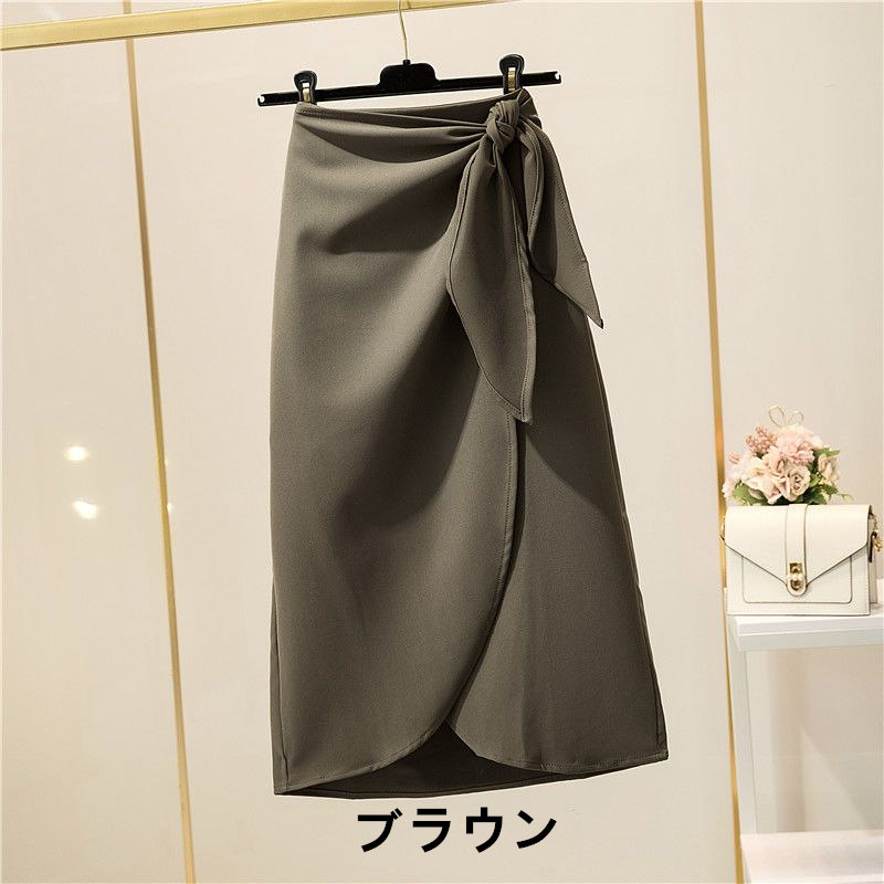 お取り寄せ商品 スカート レディース タイトスカート 3COLORS S-2XL スーツ風 ミディアム丈 ハイウエスト サッシュベルト付け ファスナー スリット シンプル 