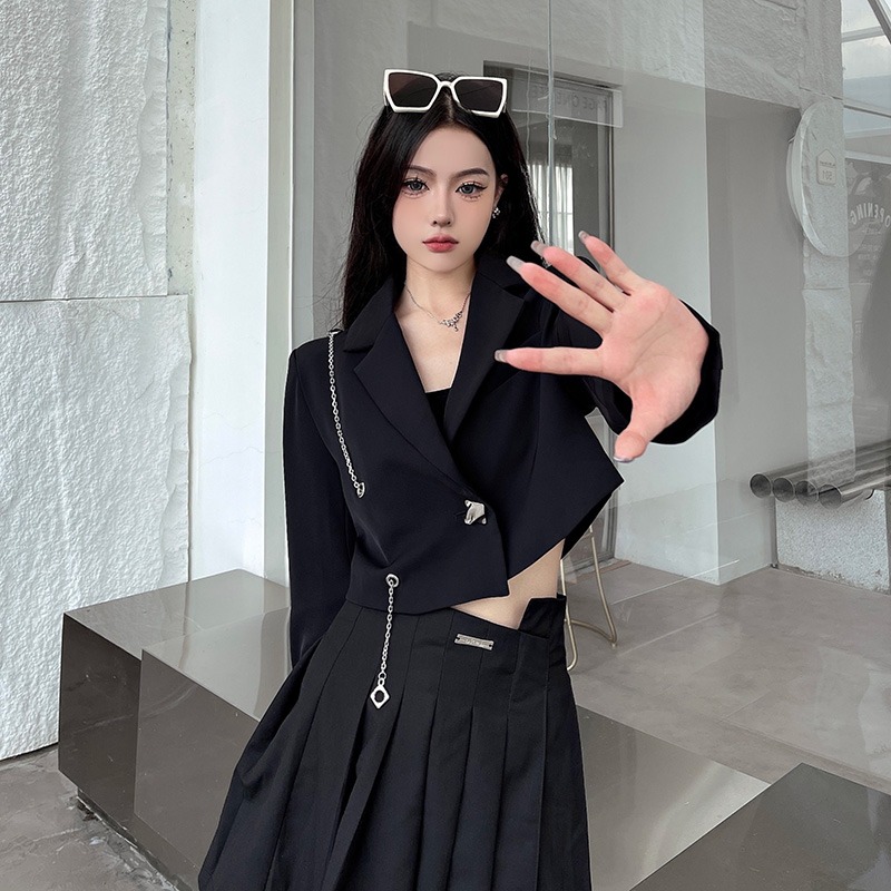 ショート丈 テーラードジャケット チェーン 韓国 ストリート HIPHOP 原宿系 K-POP レディース ダンス衣装 