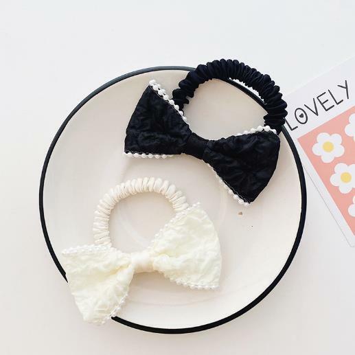 シュシュ ホワイトビーズパイピングリボンスリムシュシュ 新発売セール ヘアゴム  