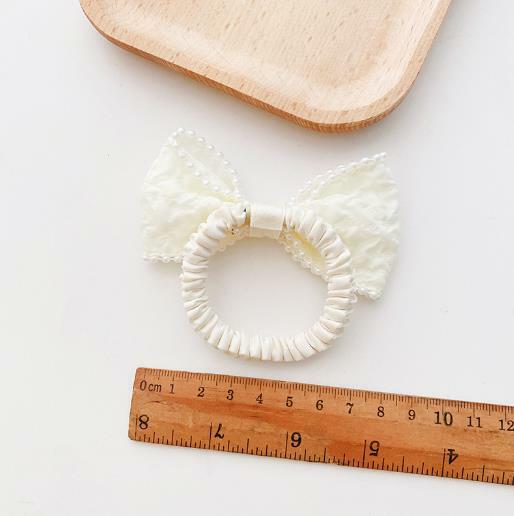 シュシュ ホワイトビーズパイピングリボンスリムシュシュ 新発売セール ヘアゴム  