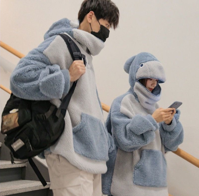 レディース もこもこサメ フード付き カップル ペアお揃い 可愛い 通学 ふわふわ おしゃれ ゆったり 通勤 シンプルカジュアル もこもこ 送料無料 