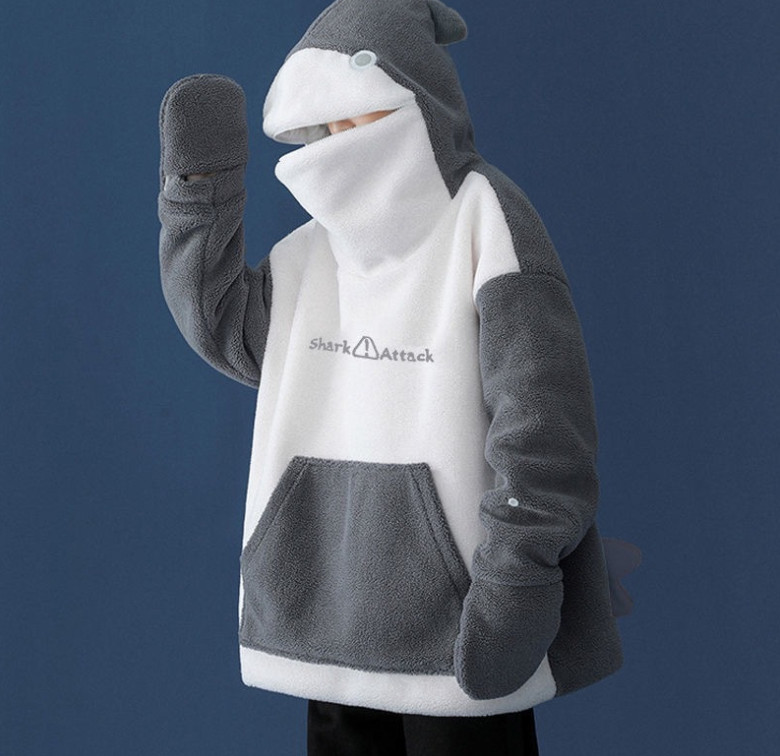 レディース もこもこサメ フード付き カップル ペアお揃い 可愛い 通学 ふわふわ おしゃれ ゆったり 通勤 シンプルカジュアル もこもこ 送料無料 