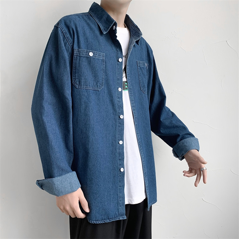 メンズ シャツ カジュアルシャツ デニムシャツ ブルー 春秋 普段着 アウター 上着 ポケット スタイリッシュ 男子トップス 長袖 