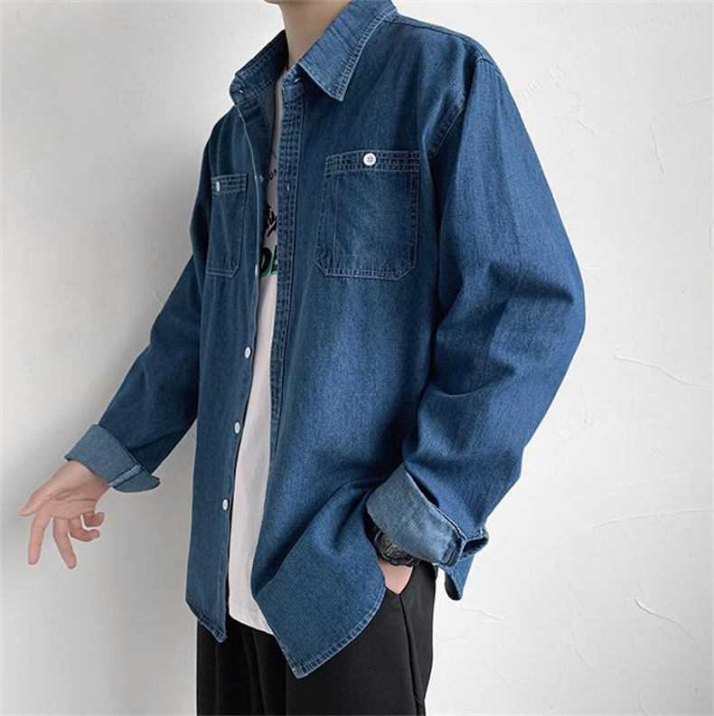 メンズ シャツ カジュアルシャツ デニムシャツ ブルー 春秋 普段着 アウター 上着 ポケット スタイリッシュ 男子トップス 長袖 
