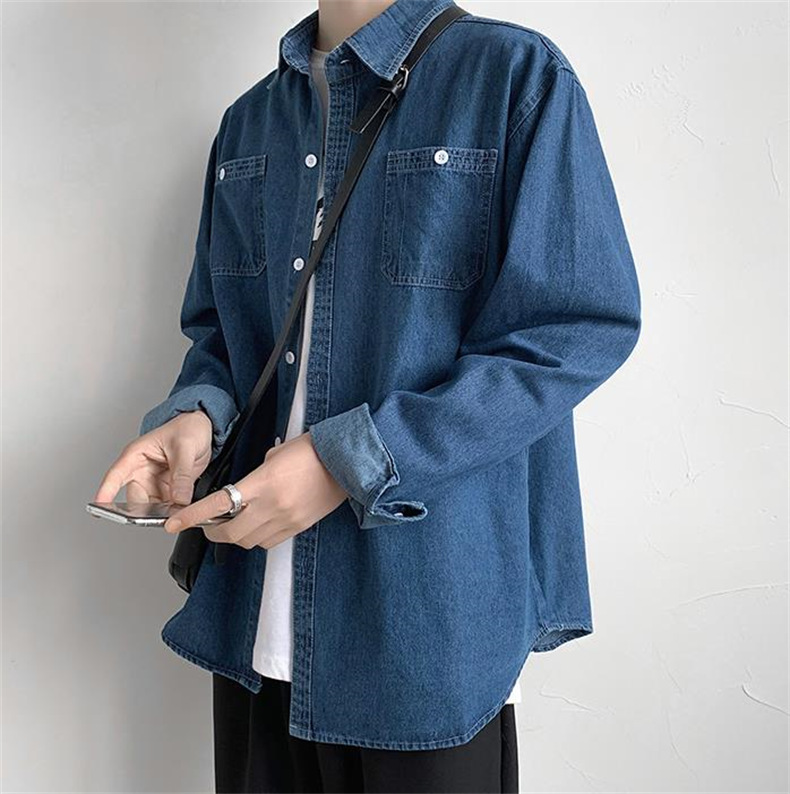 メンズ シャツ カジュアルシャツ デニムシャツ ブルー 春秋 普段着 アウター 上着 ポケット スタイリッシュ 男子トップス 長袖 