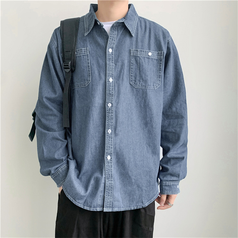 メンズ シャツ カジュアルシャツ デニムシャツ ブルー 春秋 普段着 アウター 上着 ポケット スタイリッシュ 男子トップス 長袖 