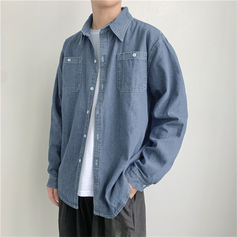 メンズ シャツ カジュアルシャツ デニムシャツ ブルー 春秋 普段着 アウター 上着 ポケット スタイリッシュ 男子トップス 長袖 