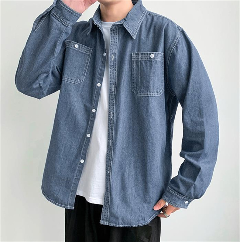 メンズ シャツ カジュアルシャツ デニムシャツ ブルー 春秋 普段着 アウター 上着 ポケット スタイリッシュ 男子トップス 長袖 