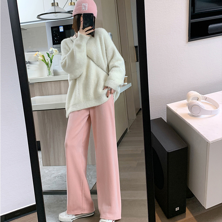 無地 ワイドパンツ ロングパンツ ニット風 ストレート ハイウエスト 着痩せ 春秋 お洒落 カジュアル エレシルエット ゆったり 