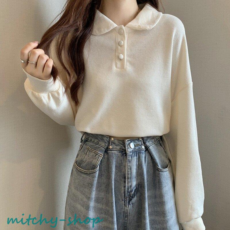 トップス ドロップショルダー ポロトップス ショート丈 長袖 レディース 秋 バルーンスリーブ ポロシャツ ニット 大人 かわいい 無地 丸襟 レトロ フェミニン 