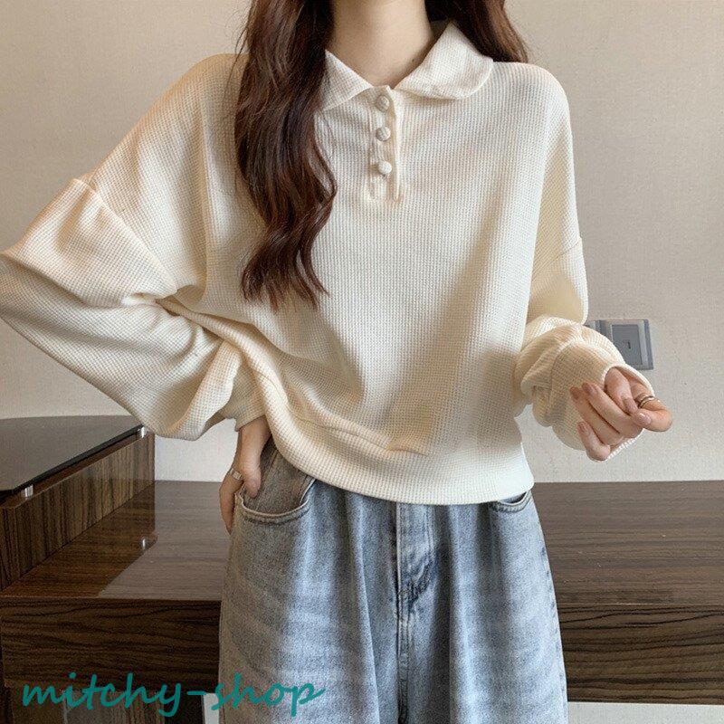 トップス ドロップショルダー ポロトップス ショート丈 長袖 レディース 秋 バルーンスリーブ ポロシャツ ニット 大人 かわいい 無地 丸襟 レトロ フェミニン 