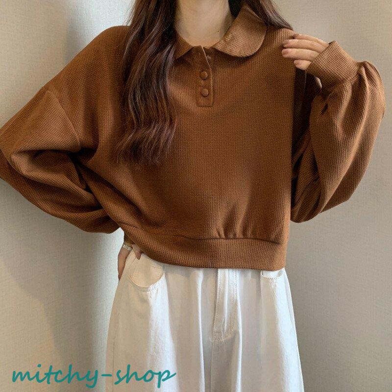 トップス ドロップショルダー ポロトップス ショート丈 長袖 レディース 秋 バルーンスリーブ ポロシャツ ニット 大人 かわいい 無地 丸襟 レトロ フェミニン 