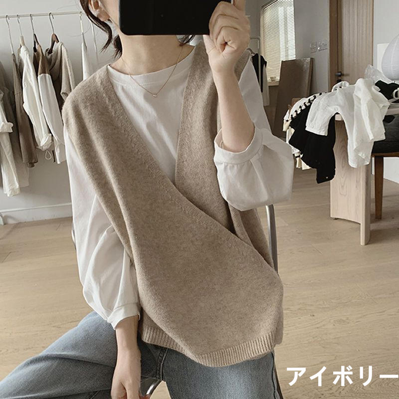 お取り寄せ商品 ベスト レディース ニットベスト 4S-2XL Vネック シンプル カジュアル せ ゆったり ノースリーブ 不規則デザイン 着 重ね着 トップス 