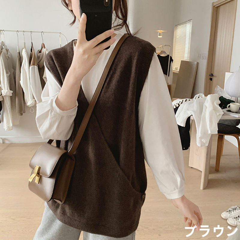 お取り寄せ商品 ベスト レディース ニットベスト 4S-2XL Vネック シンプル カジュアル せ ゆったり ノースリーブ 不規則デザイン 着 重ね着 トップス 