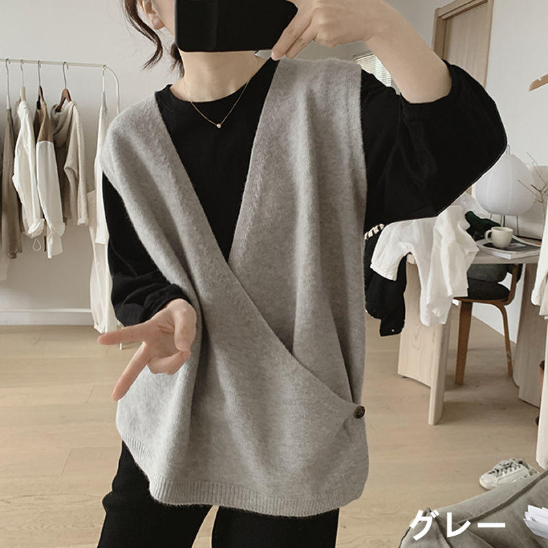 お取り寄せ商品 ベスト レディース ニットベスト 4S-2XL Vネック シンプル カジュアル せ ゆったり ノースリーブ 不規則デザイン 着 重ね着 トップス 