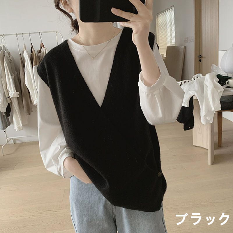 お取り寄せ商品 ベスト レディース ニットベスト 4S-2XL Vネック シンプル カジュアル せ ゆったり ノースリーブ 不規則デザイン 着 重ね着 トップス 
