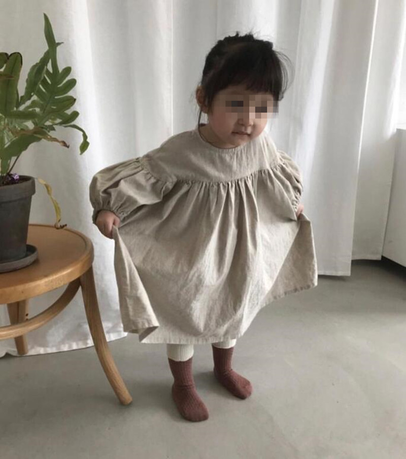 発表会 卒園式 可愛いワンピース 子供の長袖綿麻 九分袖 Aラインワンピ 90CM ファッション 韓国こども服 春と秋 お出かけ おしゃれ 結婚式 子供服 