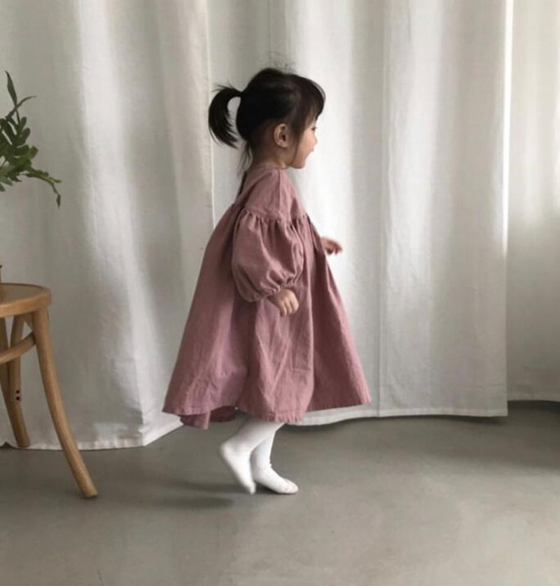 発表会 卒園式 可愛いワンピース 子供の長袖綿麻 九分袖 Aラインワンピ 90CM ファッション 韓国こども服 春と秋 お出かけ おしゃれ 結婚式 子供服 