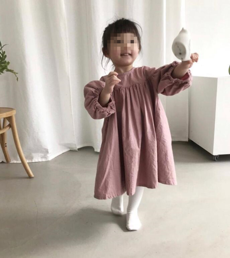 発表会 卒園式 可愛いワンピース 子供の長袖綿麻 九分袖 Aラインワンピ 90CM ファッション 韓国こども服 春と秋 お出かけ おしゃれ 結婚式 子供服 
