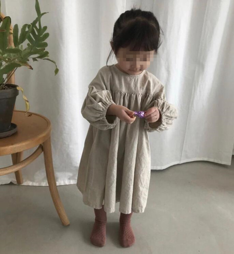 発表会 卒園式 可愛いワンピース 子供の長袖綿麻 九分袖 Aラインワンピ 90CM ファッション 韓国こども服 春と秋 お出かけ おしゃれ 結婚式 子供服 