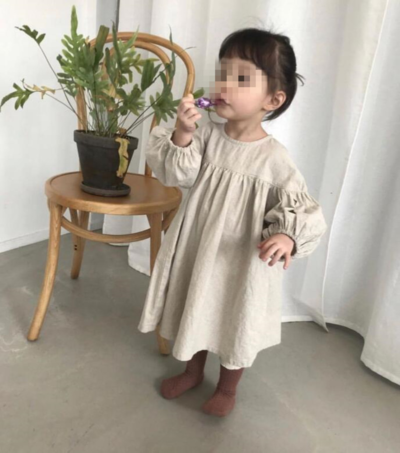 発表会 卒園式 可愛いワンピース 子供の長袖綿麻 九分袖 Aラインワンピ 90CM ファッション 韓国こども服 春と秋 お出かけ おしゃれ 結婚式 子供服 