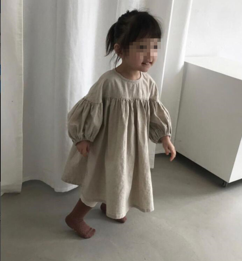 発表会 卒園式 可愛いワンピース 子供の長袖綿麻 九分袖 Aラインワンピ 90CM ファッション 韓国こども服 春と秋 お出かけ おしゃれ 結婚式 子供服 