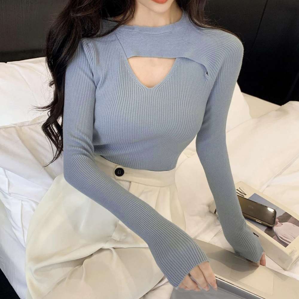 フロントオープン リブ ニット 韓国風  