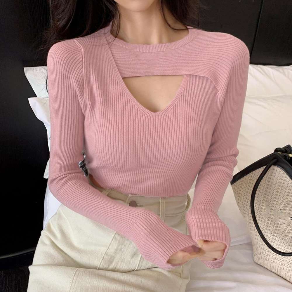 フロントオープン リブ ニット 韓国風  