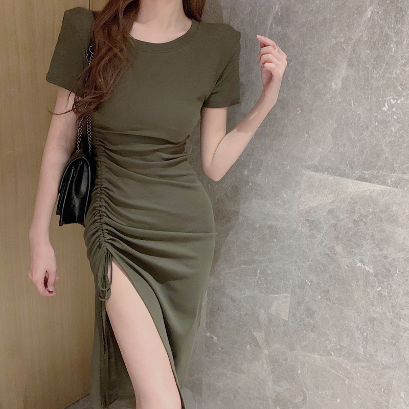ワンピース レディース 半袖 カジュアル キャザー入り ハイスリット入り 春夏 XL 膝下 上品 L M S モダール インナーワンピ ミドル丈 おしゃれ 柔らかい 新作 