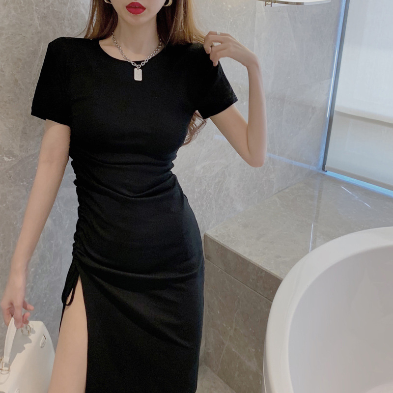 ワンピース レディース 半袖 カジュアル キャザー入り ハイスリット入り 春夏 XL 膝下 上品 L M S モダール インナーワンピ ミドル丈 おしゃれ 柔らかい 新作 
