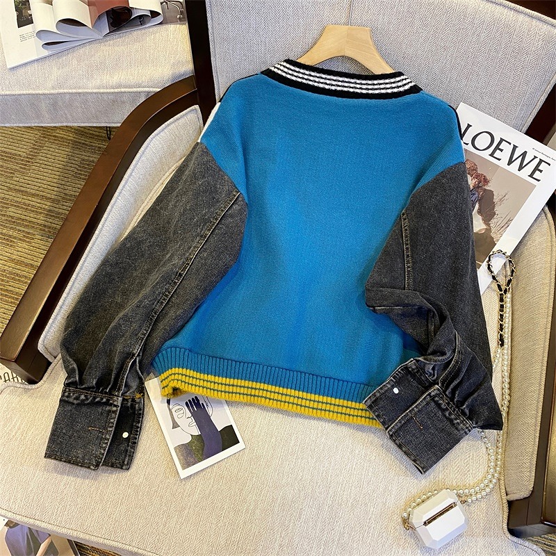 デニム 切替 Vネック ニットカーディガン 韓国 ストリート 原宿系 Y2K HIPHOP オルチャン レディース ダンス衣装 