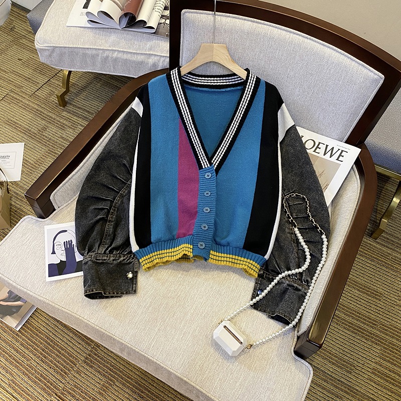 デニム 切替 Vネック ニットカーディガン 韓国 ストリート 原宿系 Y2K HIPHOP オルチャン レディース ダンス衣装 