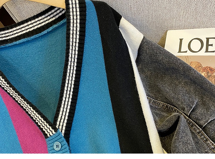 デニム 切替 Vネック ニットカーディガン 韓国 ストリート 原宿系 Y2K HIPHOP オルチャン レディース ダンス衣装 