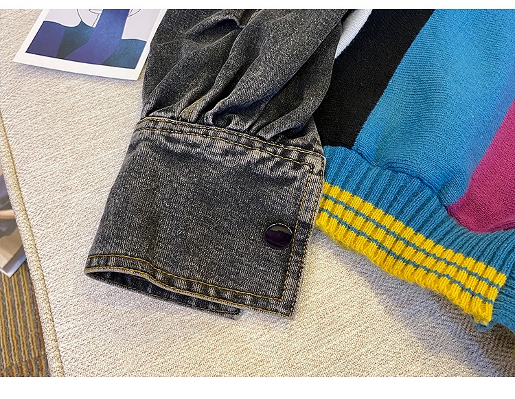 デニム 切替 Vネック ニットカーディガン 韓国 ストリート 原宿系 Y2K HIPHOP オルチャン レディース ダンス衣装 