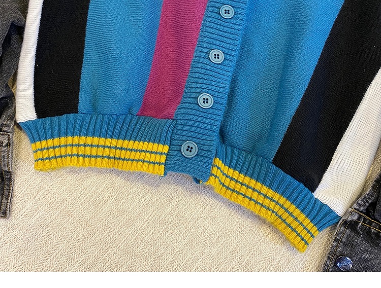 デニム 切替 Vネック ニットカーディガン 韓国 ストリート 原宿系 Y2K HIPHOP オルチャン レディース ダンス衣装 