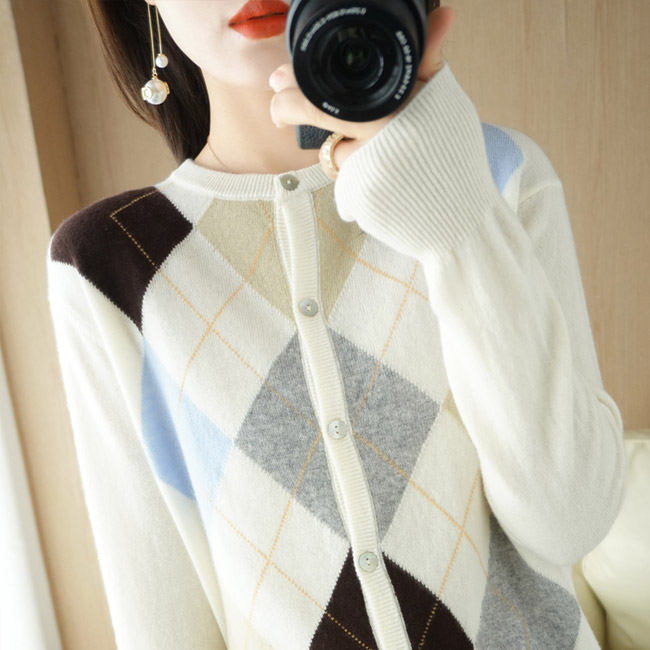 送料無料 ニットカーディガン 秋 レディース カーディガン ボタン付き オフィス 50代 菱柄 ショートカーディガン レトロ ニットコーディガン 40代 30代 春 