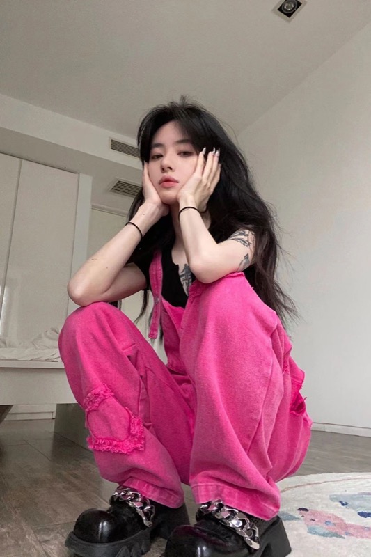 デニム オーバーオール サロペット ハート柄 韓国 ストリート HIPHOP オルチャン 原宿系 Y2K ダンス衣装 レディース 