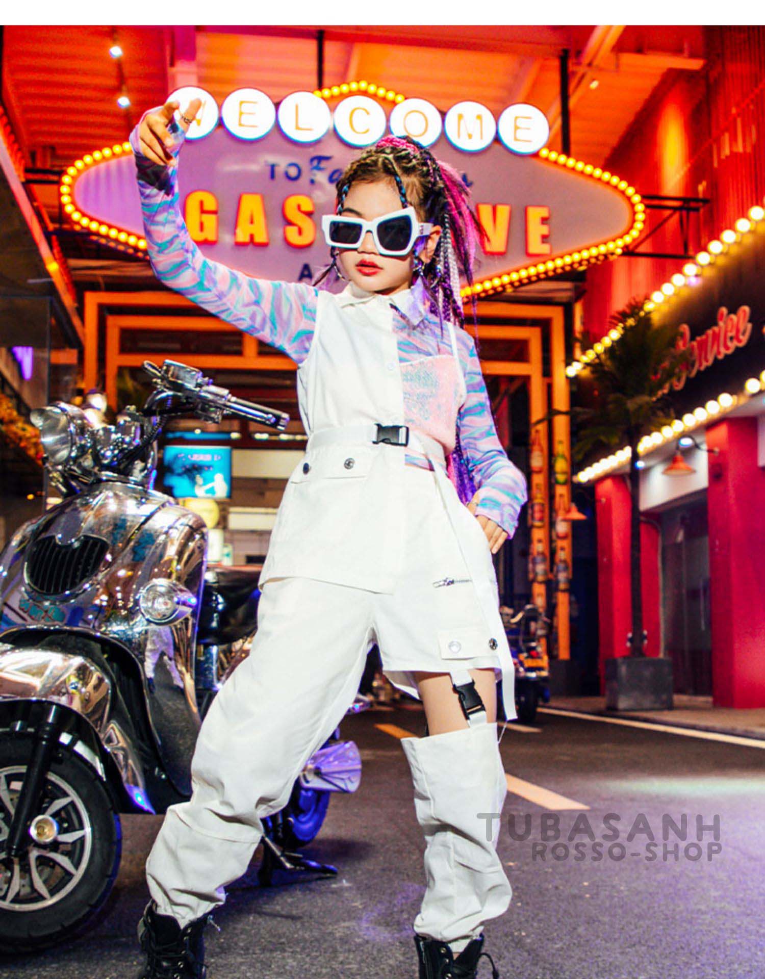 ダンス 衣装 キッズ ガールズ 白 紫 練習着 スパンセットアップ ヒップホップ へそ出し 応援団 HIPHOP 韓国 秋 春 ジャズダンス 綴合す 