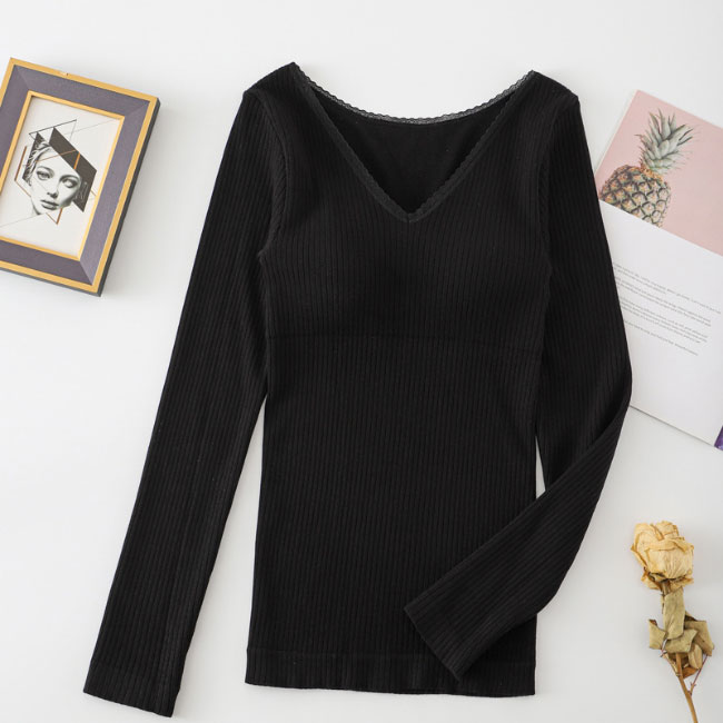 送料無料 裏起毛 インナーシャツ レディース インナー Vネック カップ付き インナーウェア リブインナー秋 ヒートテック ブラトップ 保温 厚手 冬 長袖 