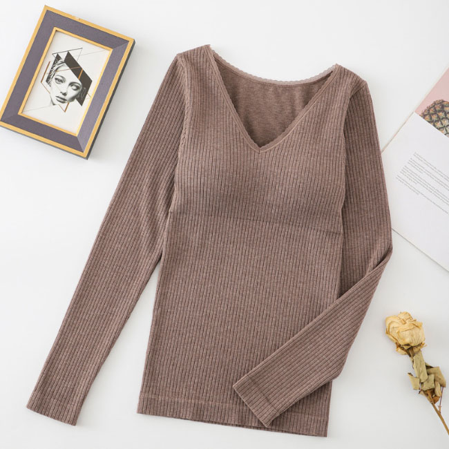 送料無料 裏起毛 インナーシャツ レディース インナー Vネック カップ付き インナーウェア リブインナー秋 ヒートテック ブラトップ 保温 厚手 冬 長袖 