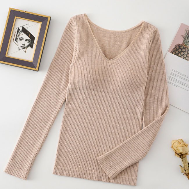 送料無料 裏起毛 インナーシャツ レディース インナー Vネック カップ付き インナーウェア リブインナー秋 ヒートテック ブラトップ 保温 厚手 冬 長袖 