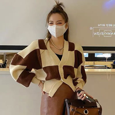 送料無料 ショートカーディガン ニット カーディガン 厚手 レディース 秋 ニットカーディガン ス Vネック カーデ チェック柄 ボタンカーディガン 